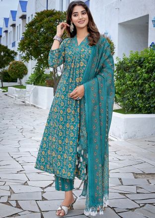 Teal Blue Readymade Floral Print Pant Suit