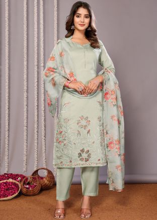 Sage Green Embroidered Readymade Pant Style Suit