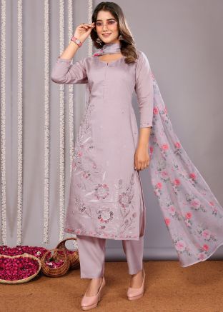 Lavender Embroidered Readymade Pant Style Suit