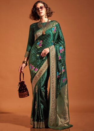 Green Woven Satin Silk With Blouse