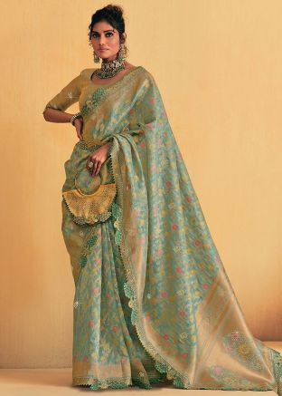 Turquoise Art Silk Zari Woven Saree
