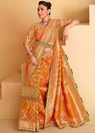 Orange Zari Woven Saree With Blouse