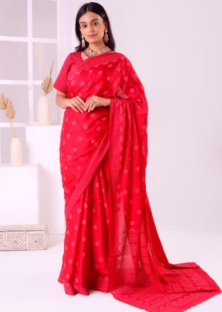 Pink Polka Dot Print Satin Saree
