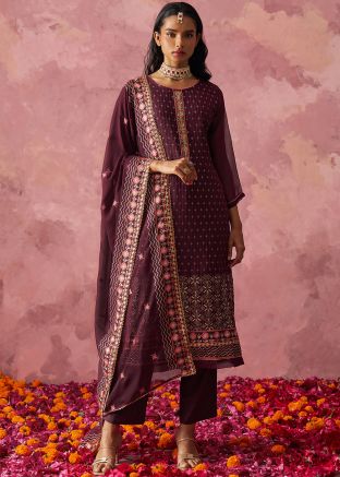 Wine Readymade Embroidered Pant Style Suit