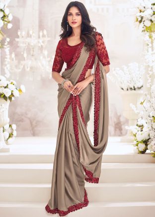 Brown Satin Saree With Embroidered Border