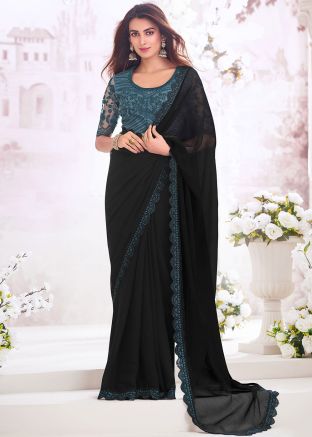 Black Embroidered Chiffon Saree With Blouse