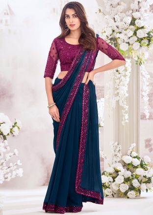 Navy Blue Embroidered Border Chiffon Saree