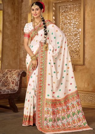Cream Woven Work Saree In Silk 