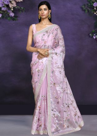 Pastel Pink Thread Embroidered Saree In Satin Silk