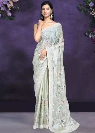 Pastel Green Satin Silk Saree In Thread Embroidery