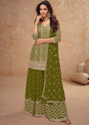 Green Readymade Embroidered Palazzo Suit Set