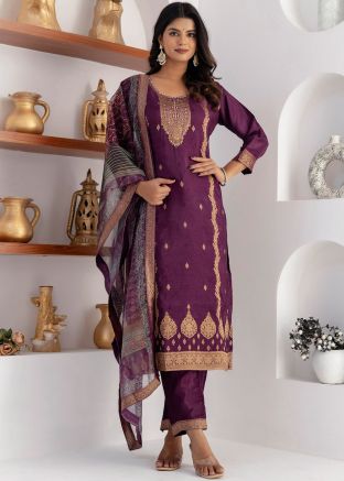 Purple Readymade Zari Woven Pant Suit