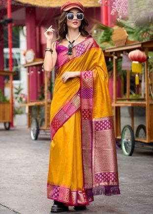 Yellow Woven Work Saree In Art Silk