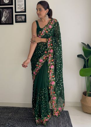 Green Thread Embroidered Saree In Georgette