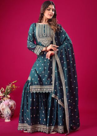 Readymade Teal Blue Embroidered Gharara Suit