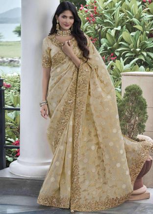 Beige Zari Woven Viscose Saree