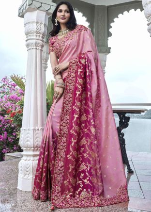 Shaded Pink Viscose Saree In Woven Work