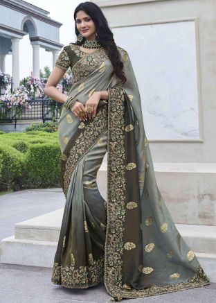 Shaded Grey & Green Woven Work Saree