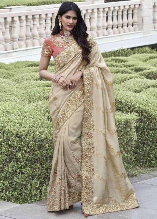 Cream Embroidered Border Viscose Saree