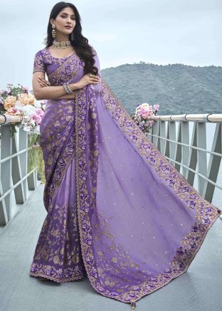 Purple Embroidered Border Saree In Viscose