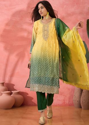 Shaded Yellow & Green Readymade Bandhej Print Pant Suit
