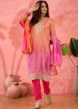 Shaded Pink & Orange Readymade Bandhej Print Pant Suit