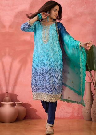 Shaded Blue Readymade Bandhej Print Pant Suit