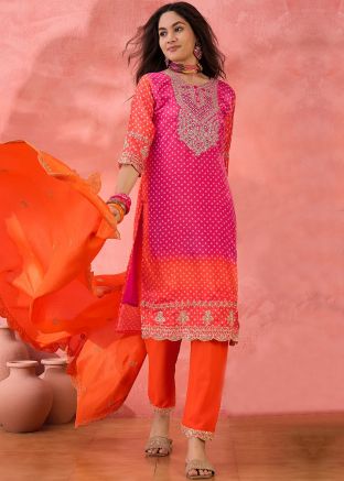 Pink & Orange Readymade Bandhej Print Suit
