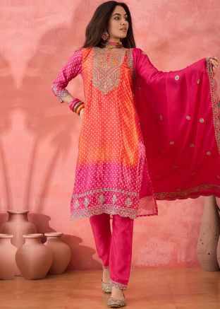 Readymade Pink & Orange Bandhej Print Pant Suit