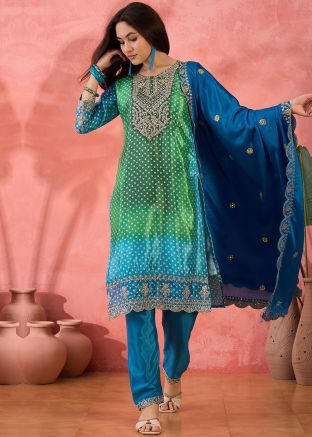 Readymade Blue & Green Bandhej Print Pant Suit