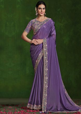 Purple Embroidered Saree In Art Silk