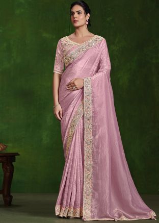 Dusty Pink Embroidered Saree With Blouse