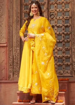 Readymade Yellow Embroidered Anarkali Suit