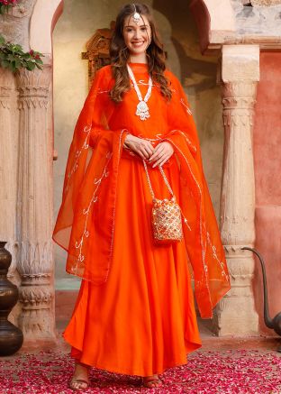 Readymade Orange Embroidered Anarkali Suit