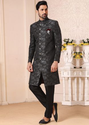 Asymmetric Grey Readymade Sherwani With Woven Work