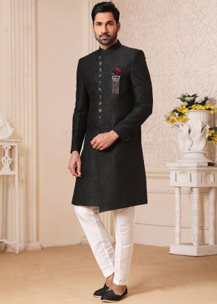 Indo Western Black Readymade Sherwani In Brocade