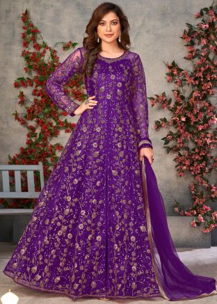 Purple Embroidered Net Anarkali Salwar Suit