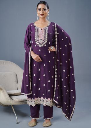 Purple Embroidered Pant Salwar Suit Set