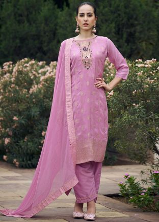 Pink Embroidered Salwar Suit Set In Viscose