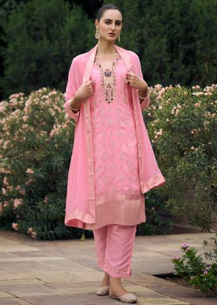 Pink Zari Woven Salwar Suit Set