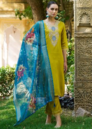 Green Embroidered Salwar Suit Set In Viscose