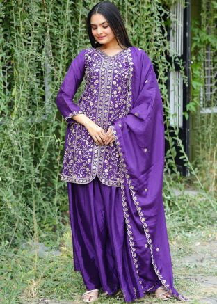 Purple Embroidered Sharara Salwar Suit Set