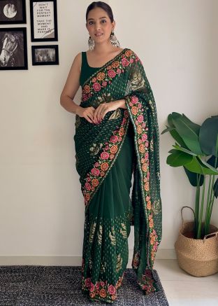Green Embroidered Georgette Saree With Blouse