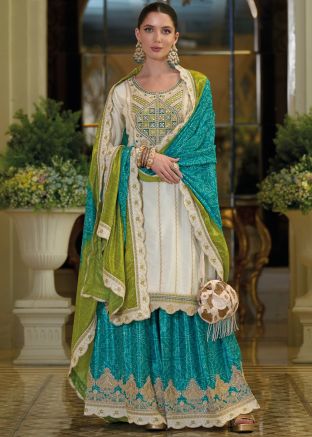 Readymade White Embroidered Sharara Suit