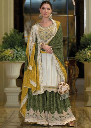 Readymade White Embroidered Sharara Suit In Chiffon