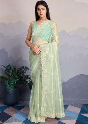 Green Embroidered Saree In Shimmer
