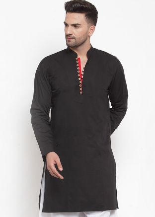 Black Cotton Readymade Straight Cut Kurta