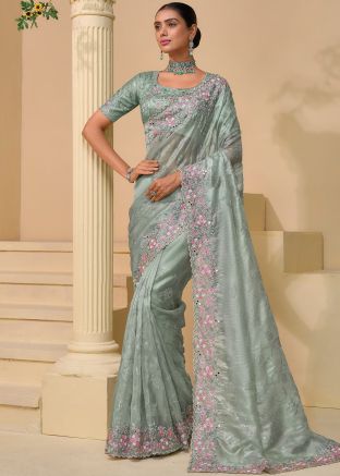 Pastel Green Banarasi Silk Saree In Embroidery