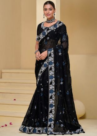 Black Embroidered Banarasi Silk Saree