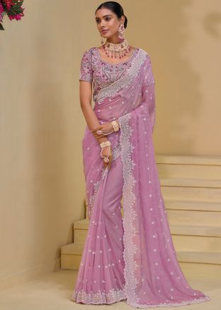 Pink Banarasi Silk Saree In Embroidery
